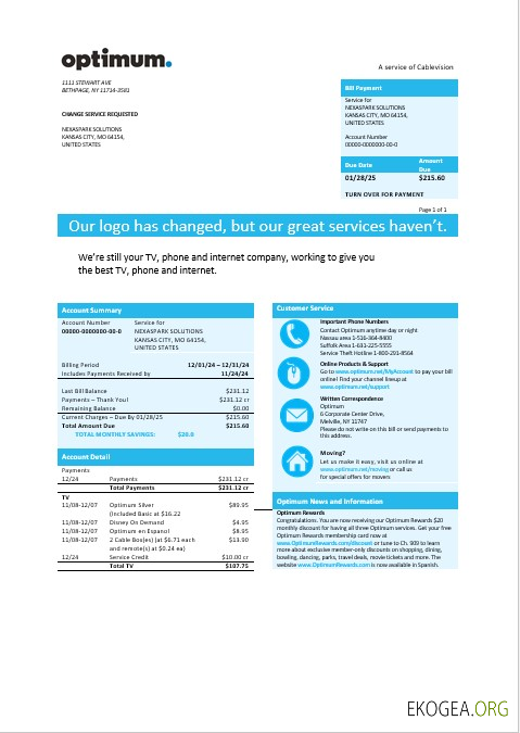 USA New York Modèle de facture de services publics Optimum Cablevision Business aux formats Word et PDF